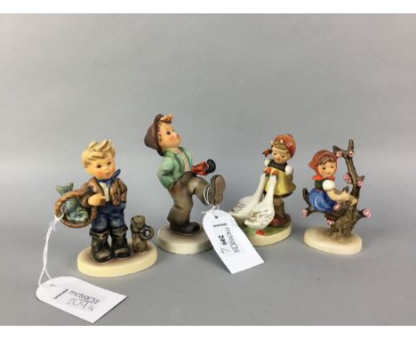 HUMMEL FIGURE OF HAPPY TRAVELLER, along with Catch of the Day, Apple Tree Girl and Goose Girl (4)