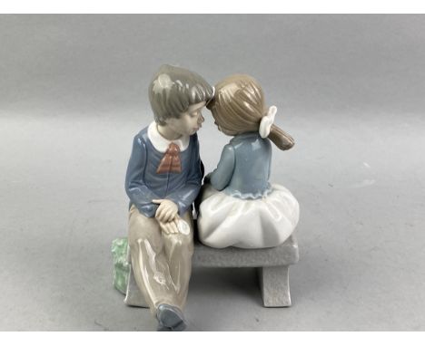 NAO FIGURE OF A GIRL AND BOY SEATED, along with a ceramic figure of a dog and four other figures (6)