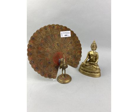 INDIAN BRASS PAINTED MODEL OF A PEACOCK, along with other brass ware