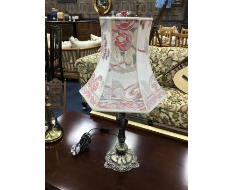 PLATED CANDLESTICK LAMP, with floral shade 72cm high