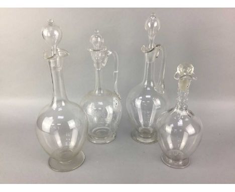 19TH CENTURY ETCHED GLASS DECANTER, with stopper, 29cm high, with three others