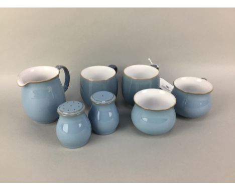 DENBY AZURE TEA SERVICE, comprising six mugs, five cups, sugar and cream, salt and pepper