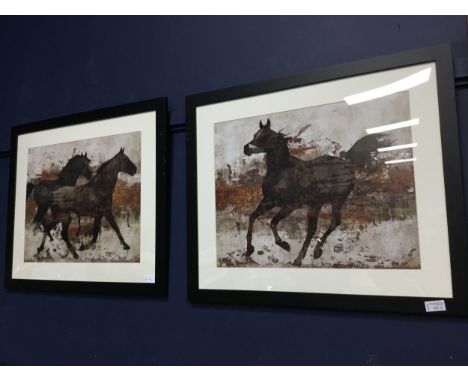 PAIR OF MODERN PRINTS, 59cm x 70cm overall, along with a needlework tapestry of the Last Supper and two other prints (5)