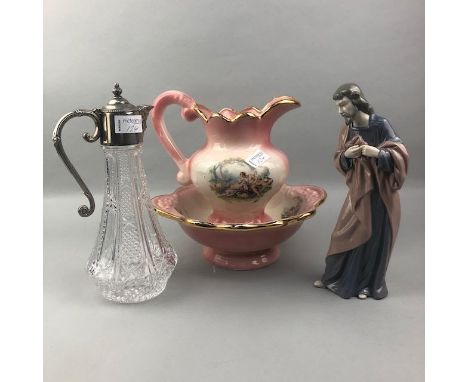 NAO FIGURE, 28cm high, along with an Italian group of three doves, also a claret jug, paperweights, ewer and basin and plates