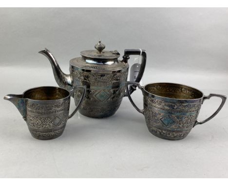 VICTORIAN SILVER PLATED THREE PIECE TEA SERVICE, the tea pot with presentation inscription to 'Col Sergt Livingstone Nov 1892