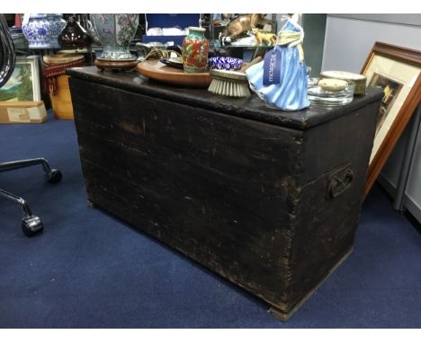 19TH CENTURY PINE BOX , containing wood working tools and leather working tools, 85cm wide