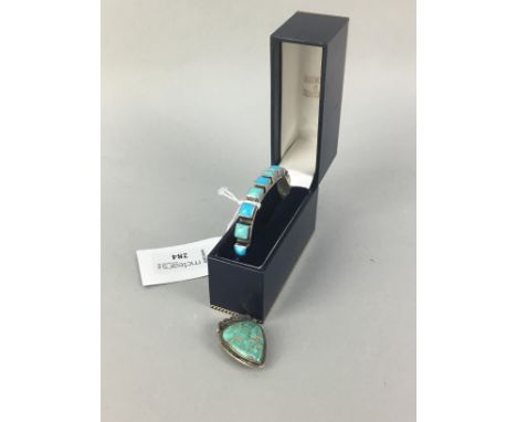 SILVER BANGLE SET WITH TURQUOISE BEADS, along with a Luckinbooth shaped clip/brooch, set with turquoise (2)