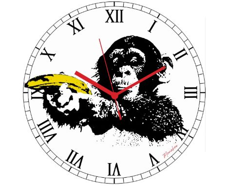 MONAKOE-MonkeyPendule murale fonctionnant à piles, inspiré du personnage de Banksy, Finition verre acrylique print, livré en 
