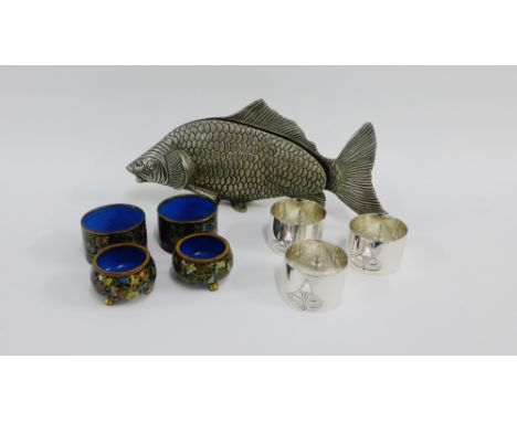 Pair of Cloisonne napkin rings, a pair of Cloisonne salts, three Art Nouveau style napkin rings and a fish shaped letter rack