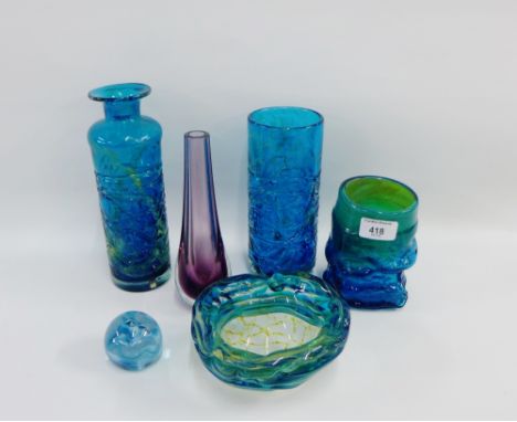 Collection of Mdina glass to include three glasses and a bowl, together with a Caithness style amethyst glass vase and a Cait