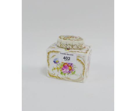 Dresden porcelain floral patterned caddy (cover a/f), blue crossed sword marks to the base, 9cm high (a/f) 