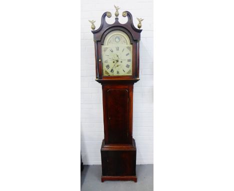 19th century mahogany longcase clock with broken swan neck pediment, brass eagle and urn finials and a painted dial with subs