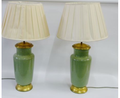 Pair of Celadon glazed and faux giltwood table lamp bases with shades, (2) 