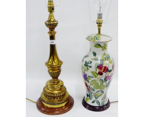 Faux giltwood metal table lamp base together with a ceramic table lamp, (2) 