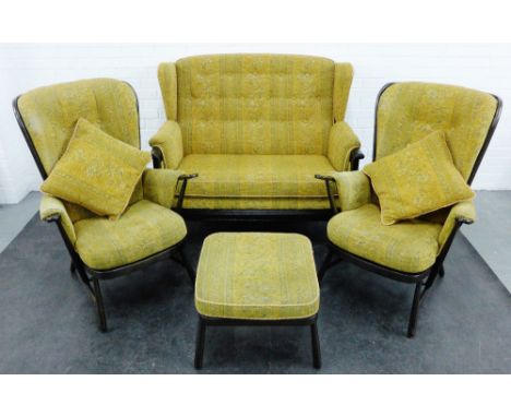 Ercol stick back lounge suite comprising a two seater settee,  two armchairs and a footstool, largest 100 x 130cm, (4) 