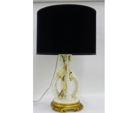 Moore table lamp base, floral encrusted on a faux giltwood ceramic chinoiserie stand, with printed backstamps, size excluding