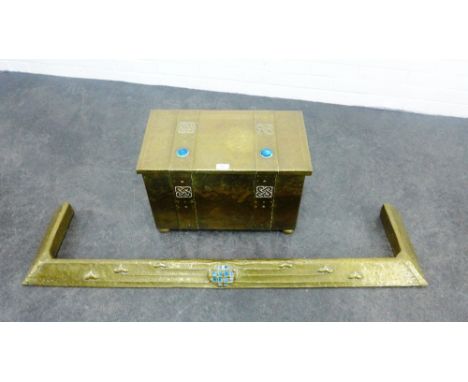 Arts &amp; Crafts brass coal bucket with stylised celtic knotwork borders and two coloured cabochon to top,  38 x 52cm togeth