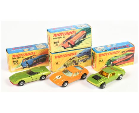 Matchbox Superfast large group of Cars. (1) 3b Monteverdi Hai - pale yellow interior, bare metal base; (2) 9b AMX Javelin - m