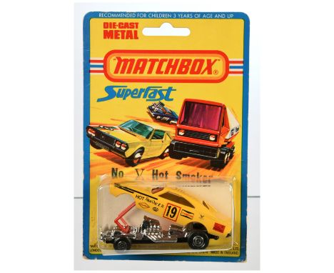 Matchbox Superfast Roman Numeral Issue V "Hot Smoker" (70b Dodge Charger Dragster) - yellow body with black &amp; red "Hot Sm