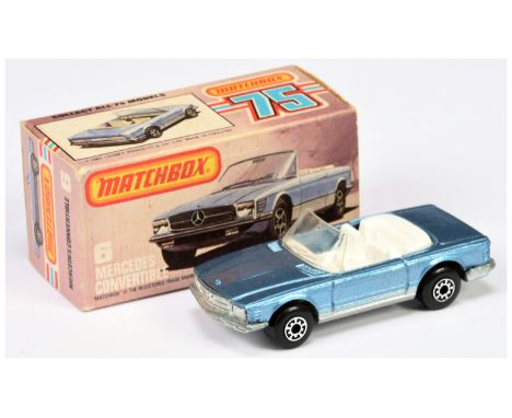 Matchbox Superfast 6c Mercedes Convertible - metallic light blue body with silver stripe, bare metal base, clear windscreen w