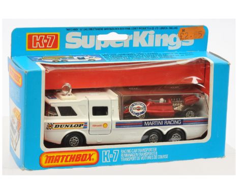 Matchbox Super Kings K7 Racing Car Transporter "Martini Racing" - white body, amber windows &amp; rear canopy, black interior