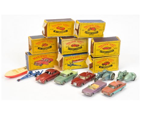 Matchbox Regular Wheels, a boxed group to include, 36b Lambretta with sidecar - Metallic green body, 10 x 24 tread black plas