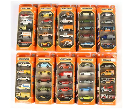 Matchbox Superfast 5 Car Packs, a boxed group. Includes MBX Airport, Autobahn Express II, MBX City Drivers III and others sim