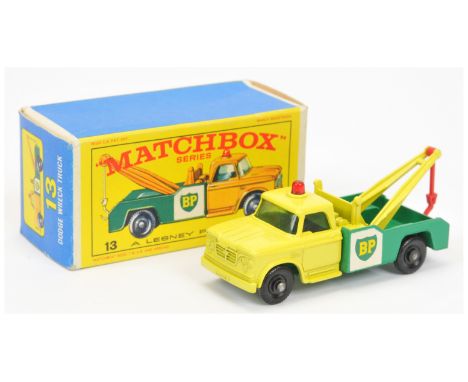 Matchbox Regular Wheels 13d Dodge BP Wreck Truck Stannard Code 3 - Lemon yellow cab &amp; jib, BP decals, red type A plastic 