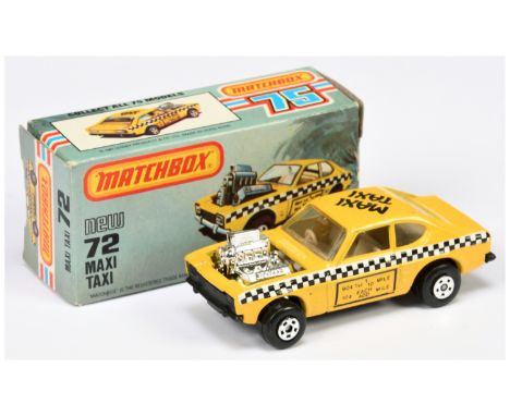 Matchbox Superfast 72d Ford Capri Maxi Taxi Dragster - yellow body with roof tampo print facing towards left hand front corne