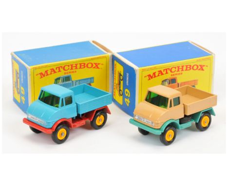 Matchbox Regular Wheels 49b Mercedes Unimog pair (1) tan body with silver grille, dark green windows, sea green type C base/c
