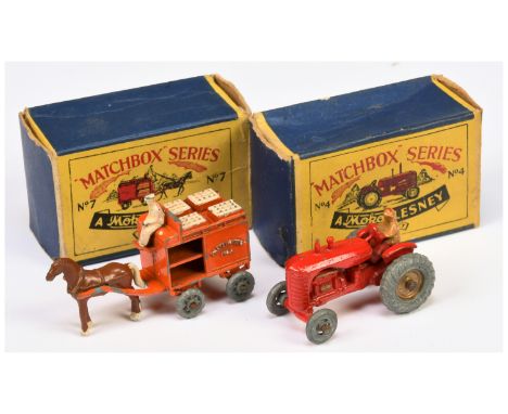 Matchbox Regular Wheels pair of early models (1) 4a Massey Harris Tractor - cast open engine, metal wheels with flat crimped 