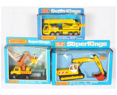 Matchbox Super Kings, a mixed boxed group of Construction Vehicles to include, (1) K12 Hercules Mobile Crane "Laing" - lemon 