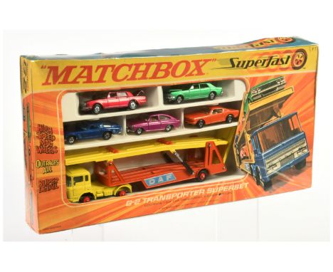 Matchbox Superfast G2 Car Transporter Gift Set comprising (1) 8a Ford Mustang - burnt orange body, clear windows, ivory inter