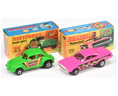 Matchbox Superfast pair of&nbsp; Dragster Cars (1) 43b Dragon Wheels VW Beetle Dragster with gloss black base (2) 70b Dodge c