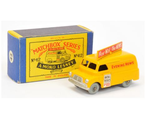 Matchbox Regular Wheels 42a Bedford CA Evening News Van - Stannard Code 2 - yellow body with silver trim, type A roof interio