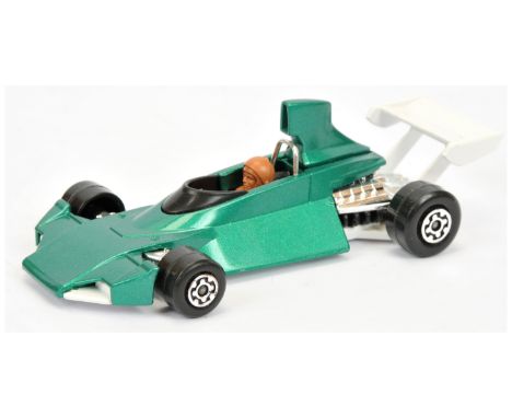 Matchbox Super Kings K72 Brabham BT44B Formula 1 Racing Car - metallic dark green body, brown plastic driver, black windscree