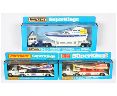 Matchbox Super Kings, a mixed boxed group of Boat Transporters to include, (1) &nbsp;K27 - white Truck and Trailer with light
