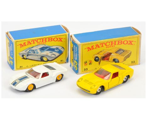 Matchbox Regular Wheels pair (1) 33c Lamborghini Miura - yellow body, red interior, chrome hubs with black tyres (2) 41c Ford
