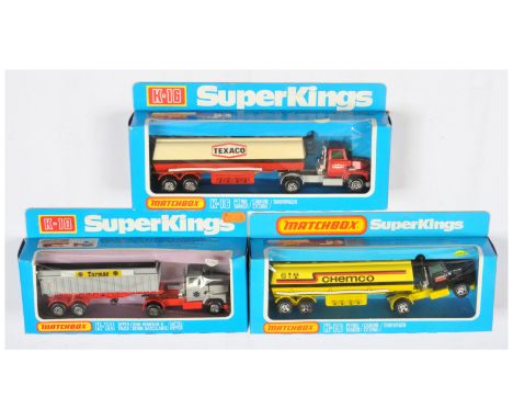 Matchbox Super Kings, a boxed group of Tankers and Trucks to include, (1) K16 Ford LTS Articulated Texaco Tanker - metallic r