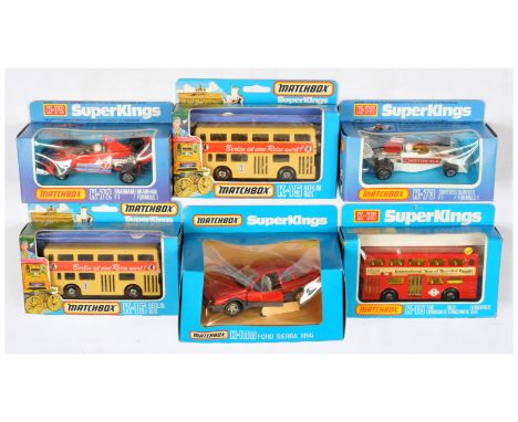 Matchbox Super Kings, a mixed boxed group of Cars and Buses to include, (1+2) K15 Daimler Fleetline Berlin Bus - all are tan 