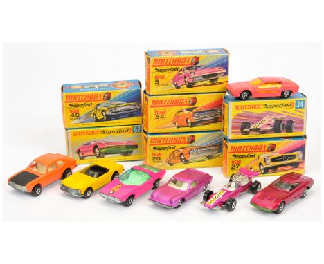 Matchbox Superfast group of early 1970's issue Cars. (1) 5a Lotus Europa - metallic candy pink body with low arches, 5-spoke 