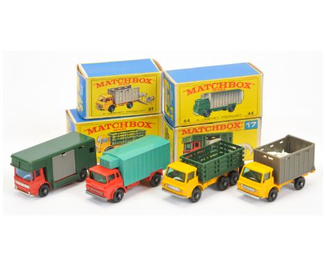 Matchbox Regular Wheels group (1) 4d Dodge Stake Truck - yellow cab and chassis, green back, black plastic wheels; (2) 17e AE