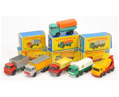Matchbox Regular Wheels Commercial group to include 1e Mercedes Covered Truck - turquoise, orange plastic canopy; 21d Foden C