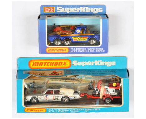 Matchbox Super Kings, a boxed pair of Motorbike Transport Vehicles to include (1) K91 Motorcycle Racing Set containing Plymou