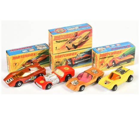 Matchbox Superfast group of early 1970's issue Cars. (1) 1b Mod Rod - lemon yellow body with wild cat cat hood label (2) 4b G
