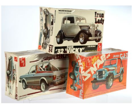 Matchbox AMT 1/35th Scale Sealed Box group (1) 2709 Subaru Brat (2) 2711 Jeep CJ-7 Renegade (3) 2905 "Iron Lady" Ford 32 "Vic