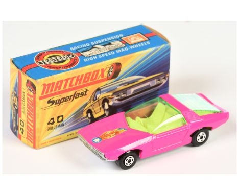 Matchbox Superfast 40a Vauxhall Guildsman - pink body with blue circle flame hood label, rare lime green windows, pale yellow