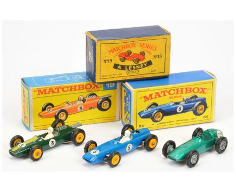 Matchbox Regular Wheels group of Racing Cars. (1) 9c Aston Martin DBR5 - metallic green body, grey plastic driver, racing num