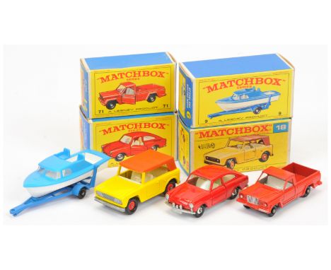 Matchbox Regular Wheels group (1) 9d Cabin Cruiser &amp; Trailer - turquoise blue boat with side blocks, type A trailer with 