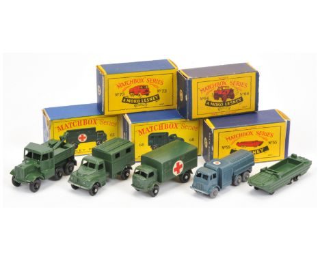 Matchbox Regular Wheels Military group (1) 55a DUKW Amphibian - military green body black plastic wheels; (2) 63A Ford Ambula